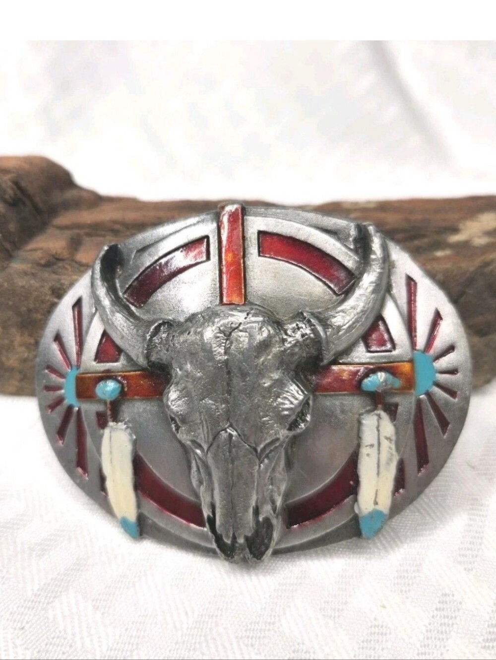Southwestern Native American Buffalo Skull Feathers 1986 Siskiyou Belt Buckle